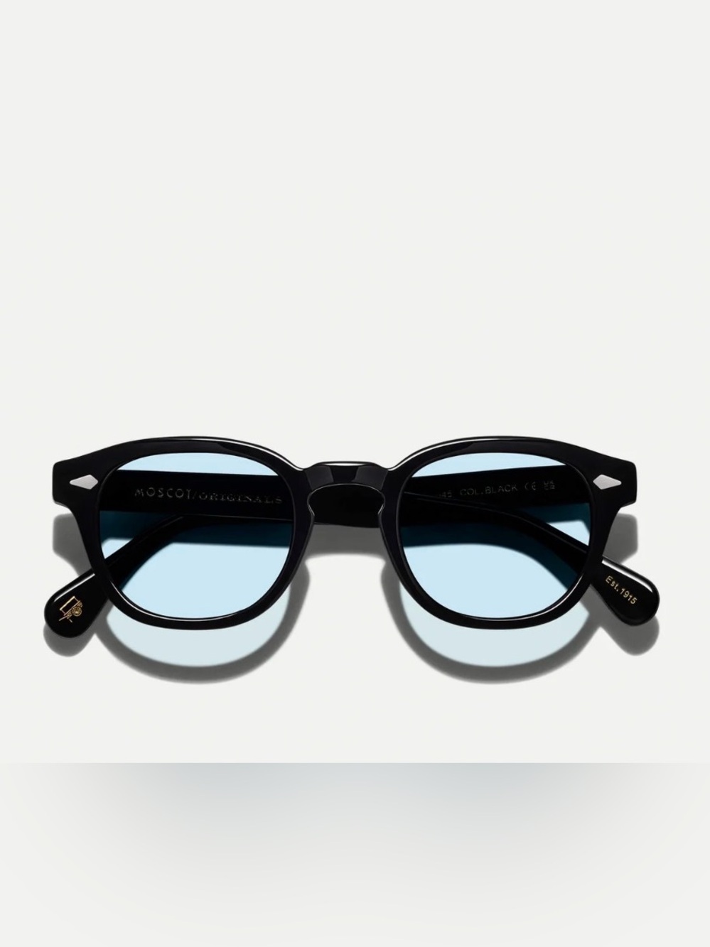 MOSCOT Black Frame Sunglasses with Blue Lenses